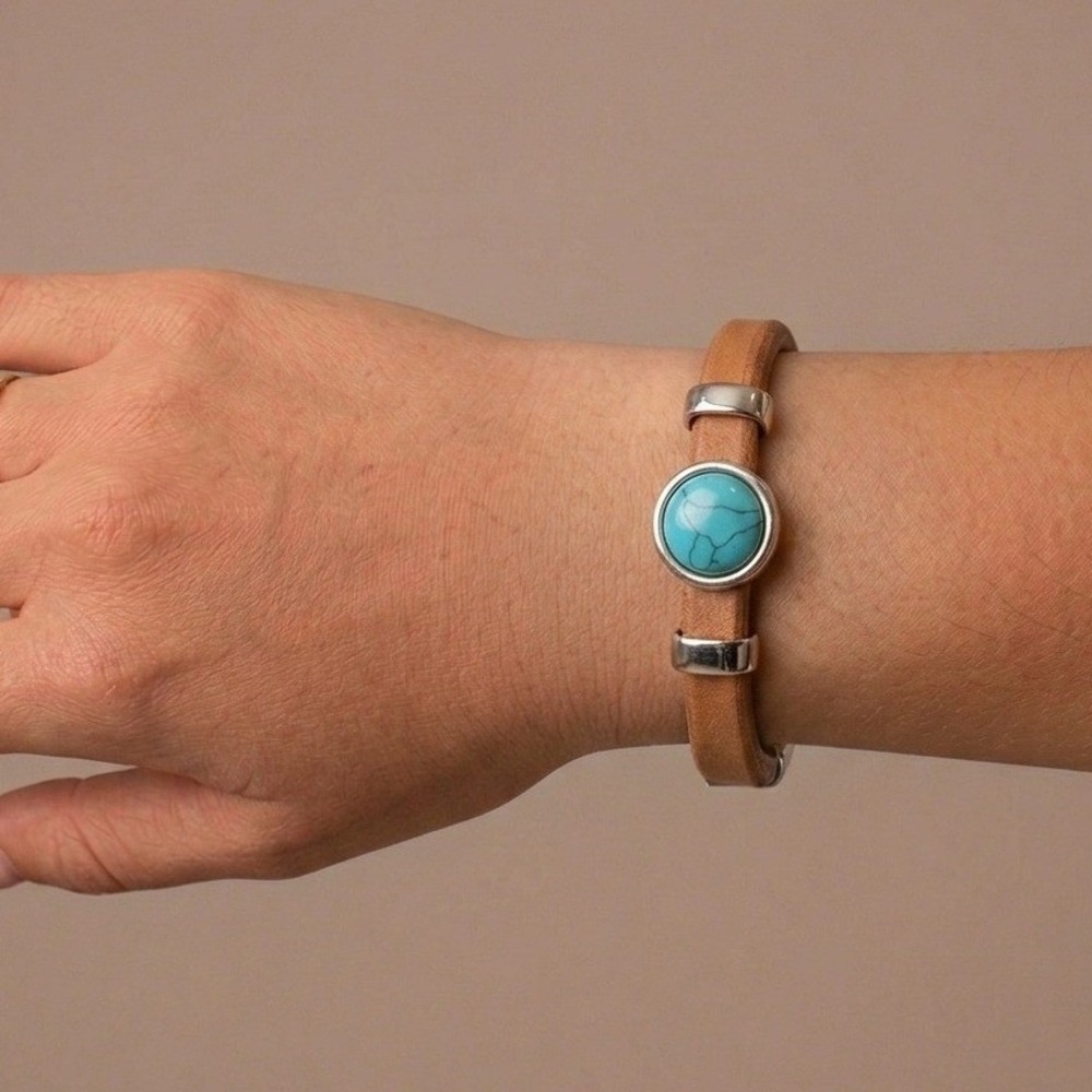 Turquoise Genuine Leather Bracelet 7.5 Tan Blue Gemstone Western Rodeo Cowgirl